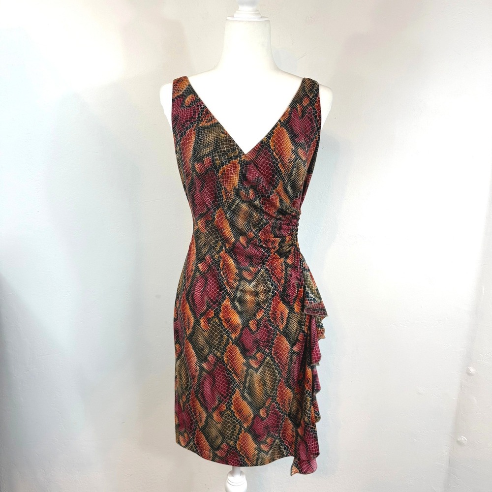 Vintage Janine Snake Print Dress M Made France Y2K Asymmetrical Ruffle Reptile